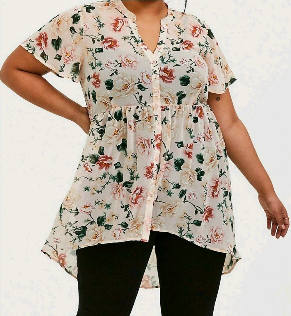 ​NWT Torrid Lexie Peach Blush Floral Chiffon Tunic Top Size 1 1X High Low Blouse